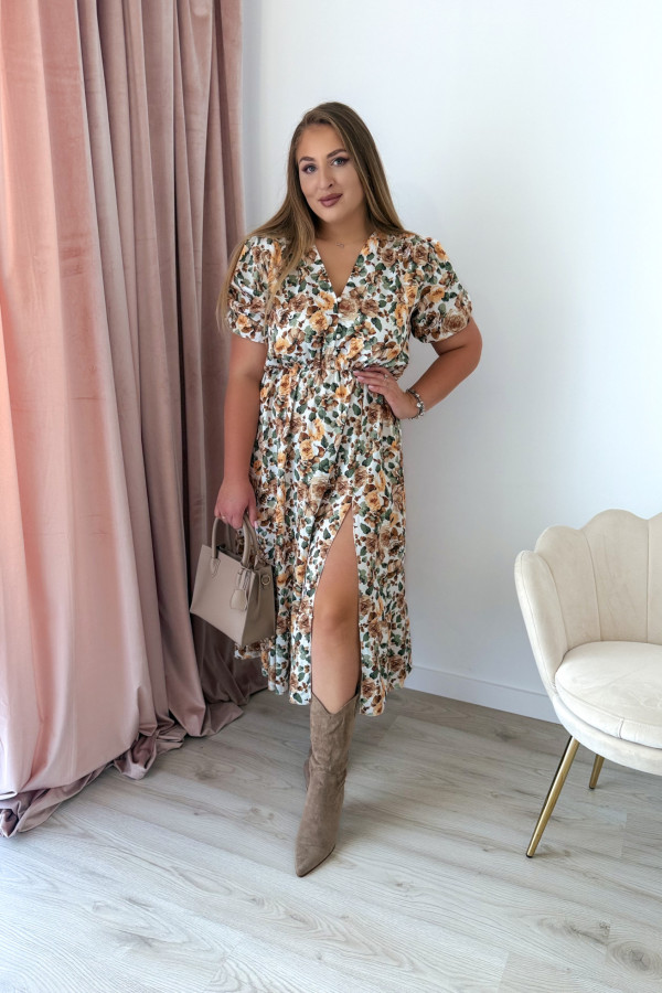 Sukienka midi na krótki rękaw w żółte kwiaty z rozcięciem na nogę plus size Arlette