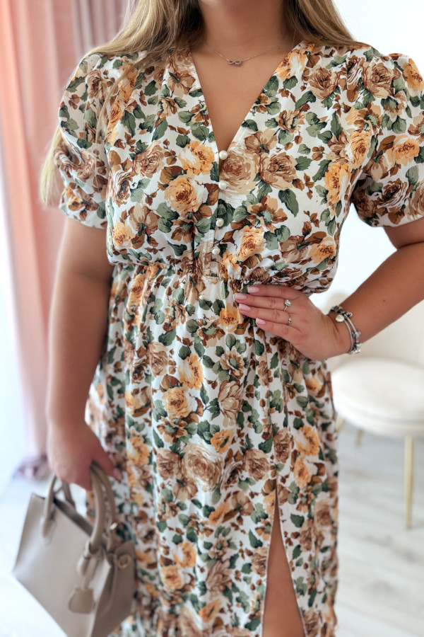 Sukienka midi na krótki rękaw w żółte kwiaty z rozcięciem na nogę plus size Arlette 5