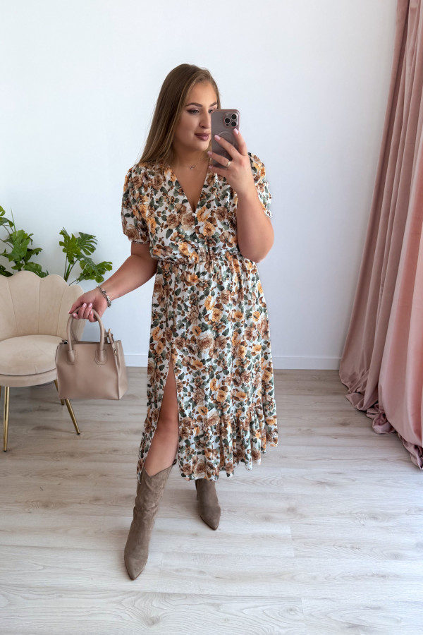 Sukienka midi na krótki rękaw w żółte kwiaty z rozcięciem na nogę plus size Arlette 8