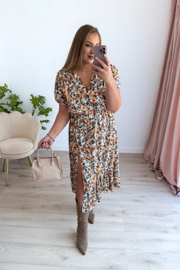 Sukienka midi na krótki rękaw w żółte kwiaty z rozcięciem na nogę plus size Arlette 9