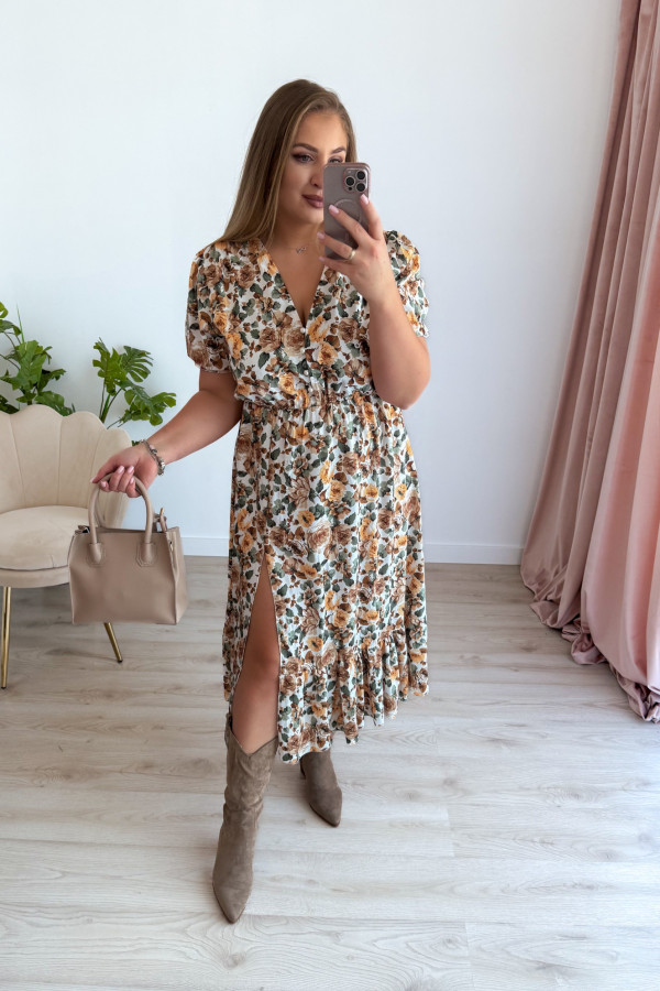 Sukienka midi na krótki rękaw w żółte kwiaty z rozcięciem na nogę plus size Arlette 10