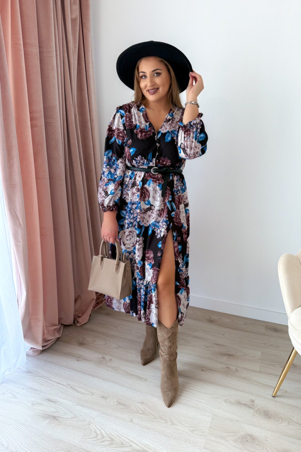 PREORDER Sukienka midi plus size czarna w kwiatowy wzór plus size Marcella (dostawa 2-3.09.)