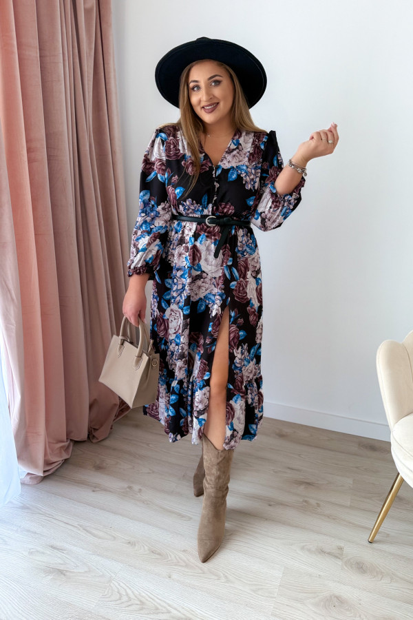 PREORDER Sukienka midi plus size czarna w kwiatowy wzór plus size Marcella (dostawa 2-3.09.) 1