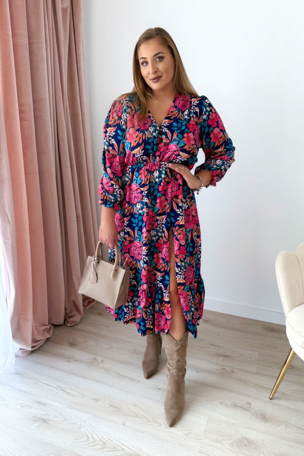 Sukienka midi granatowa w kwiaty z rozcięciem na nogę plus size Jessica 5