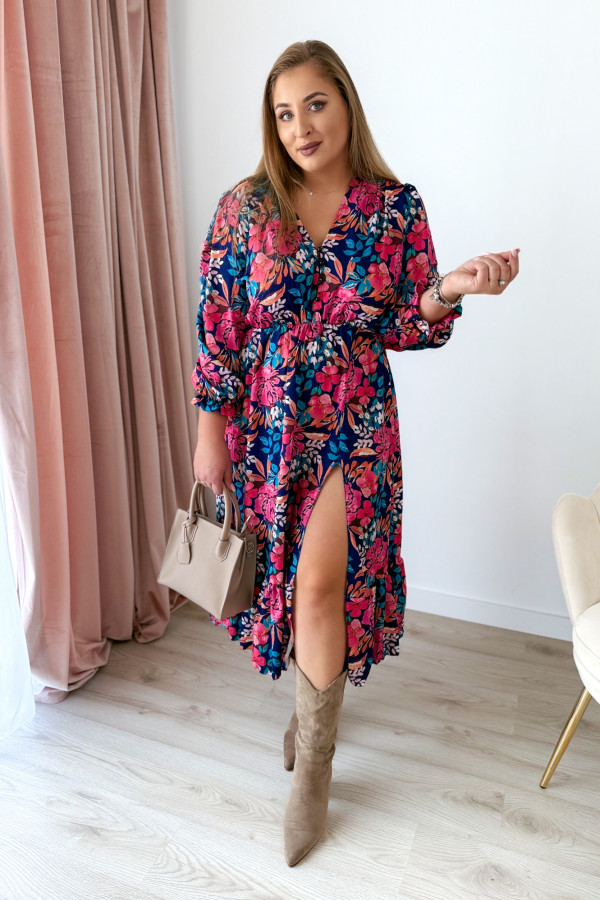 Sukienka midi granatowa w kwiaty z rozcięciem na nogę plus size Jessica