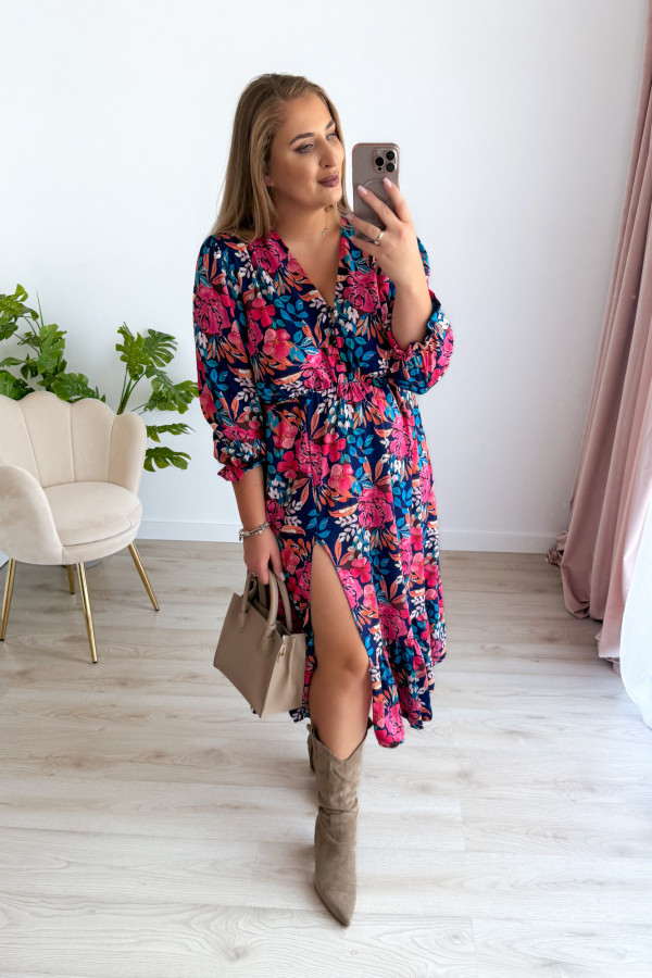 Sukienka midi granatowa w kwiaty z rozcięciem na nogę plus size Jessica 7