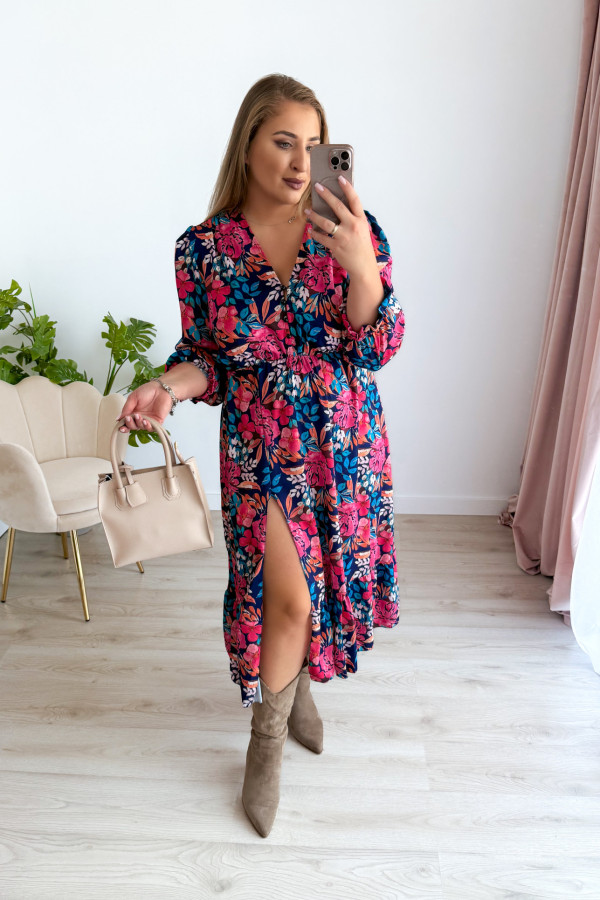 Sukienka midi granatowa w kwiaty z rozcięciem na nogę plus size Jessica 6