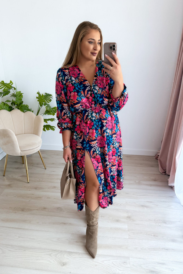 Sukienka midi granatowa w kwiaty z rozcięciem na nogę plus size Jessica 4