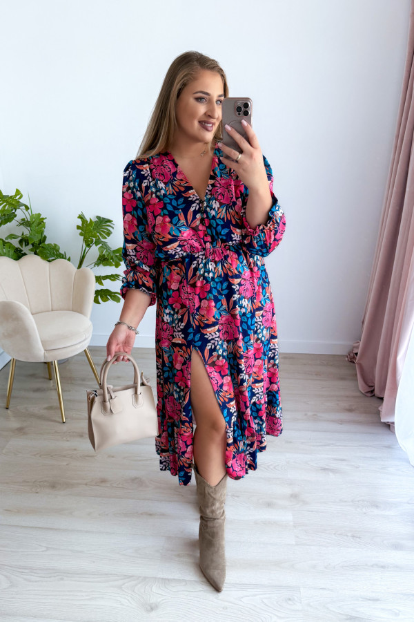 Sukienka midi granatowa w kwiaty z rozcięciem na nogę plus size Jessica 2