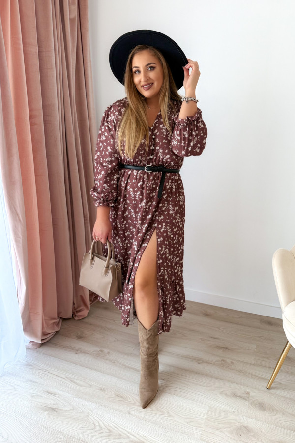 Sukienka midi plus size czekoladowa w jasne kwiatki plus size Marietta