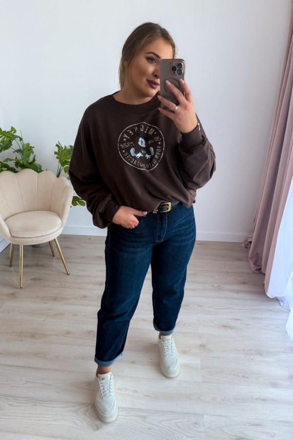 Bluza oversize z nadrukiem Mickey Mouse - czekolada 1