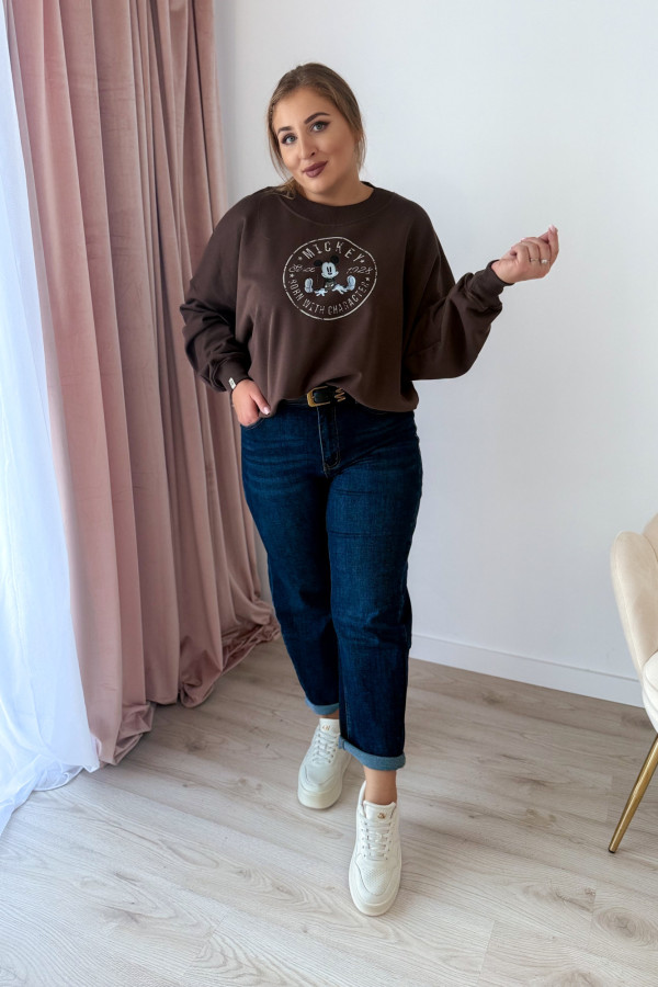 Bluza oversize z nadrukiem Mickey Mouse - czekolada