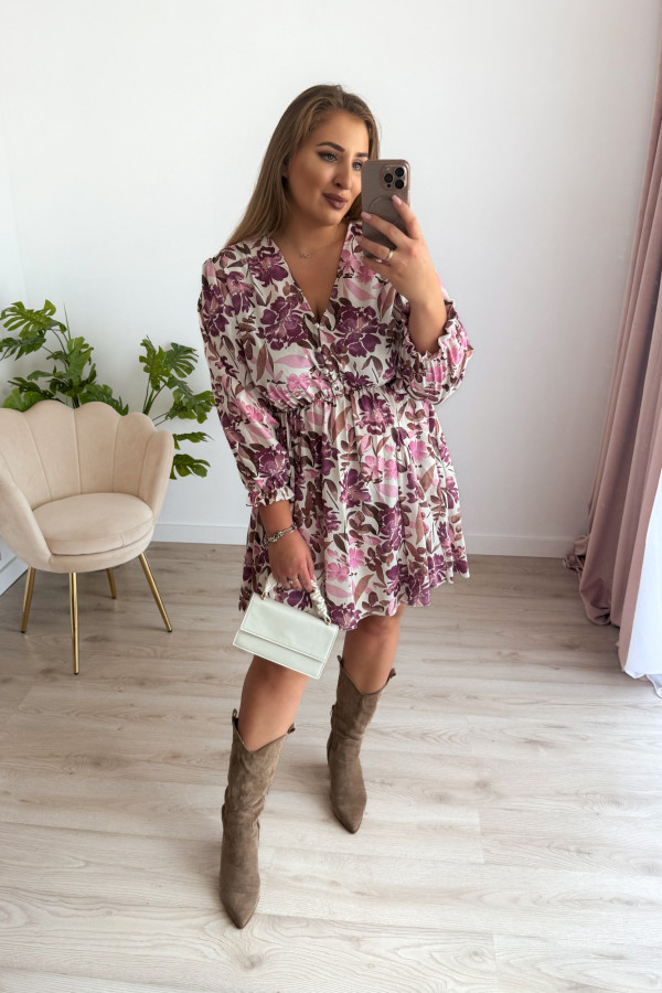 Sukienka krótka plus size kremowa w fioletowe kwiaty Charlotte 3