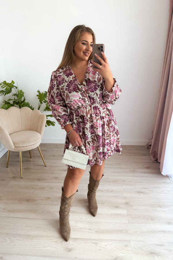 PREORDER Sukienka krótka plus size w fioletowo-beżowe liście Charlotte mini (dostawa 10.09.) 25