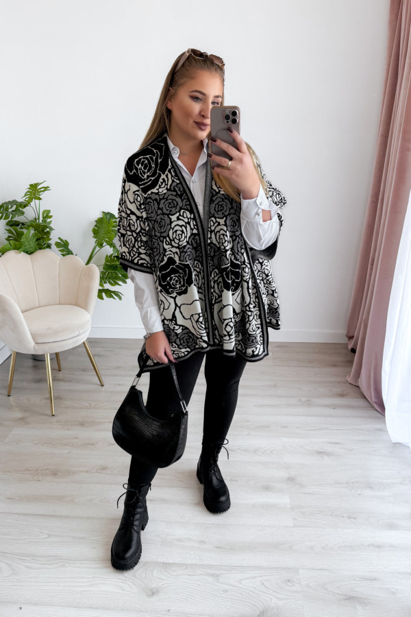 Poncho w czarno-kremowe kwiaty Rennie 13