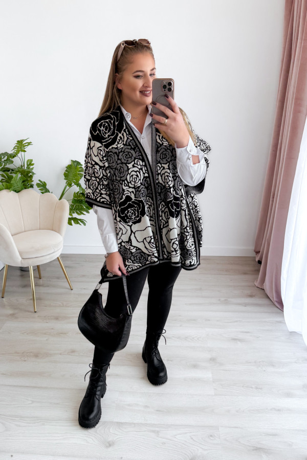 Poncho w czarno-kremowe kwiaty Rennie 12