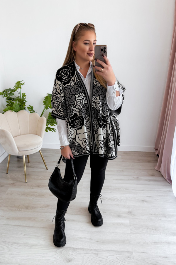 Poncho w czarno-kremowe kwiaty Rennie 11