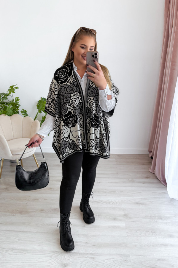Poncho w czarno-kremowe kwiaty Rennie 9