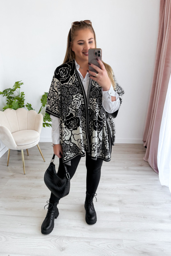 Poncho w czarno-kremowe kwiaty Rennie 8