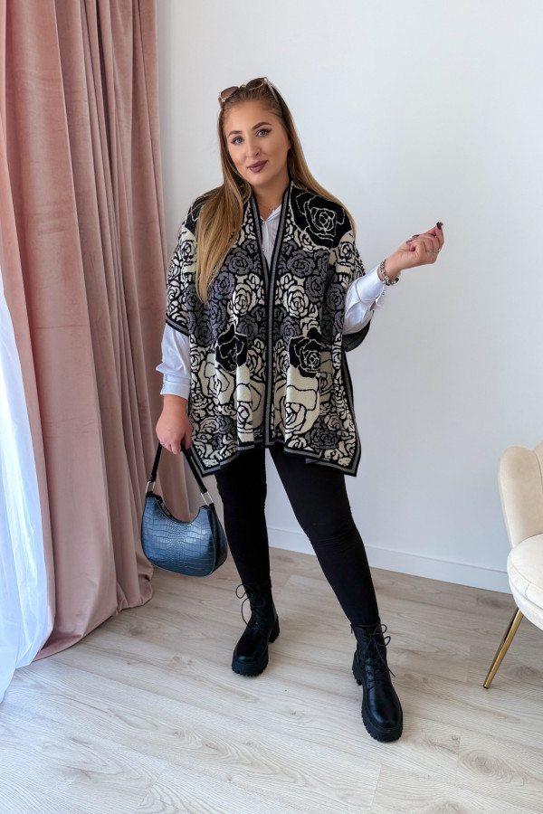 Poncho w czarno-kremowe kwiaty Rennie 4