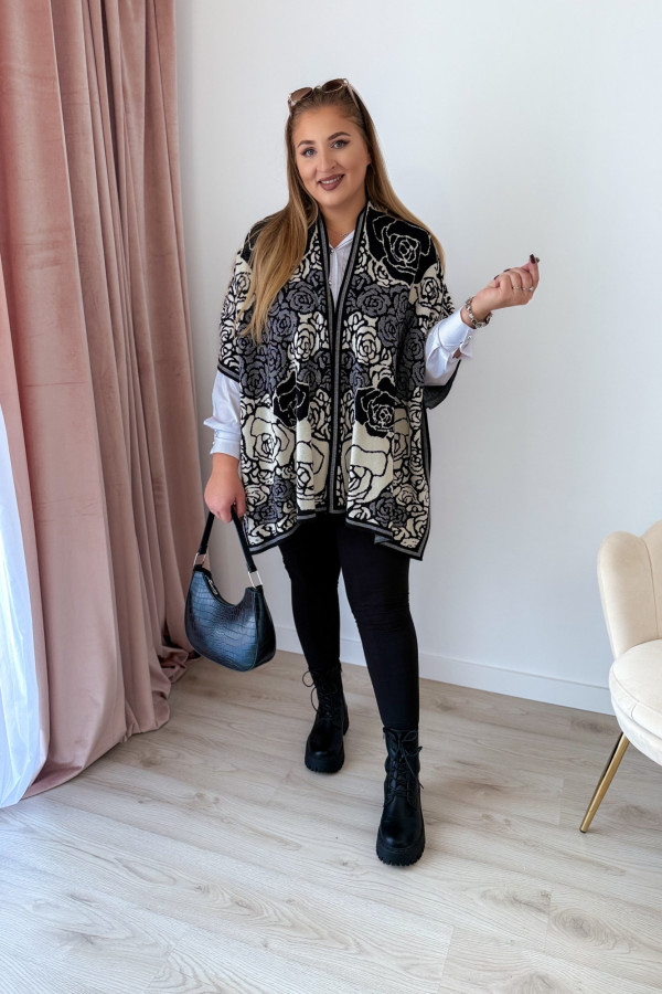 Poncho w czarno-kremowe kwiaty Rennie 3