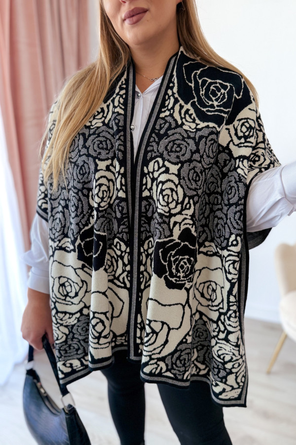 Poncho w czarno-kremowe kwiaty Rennie 2