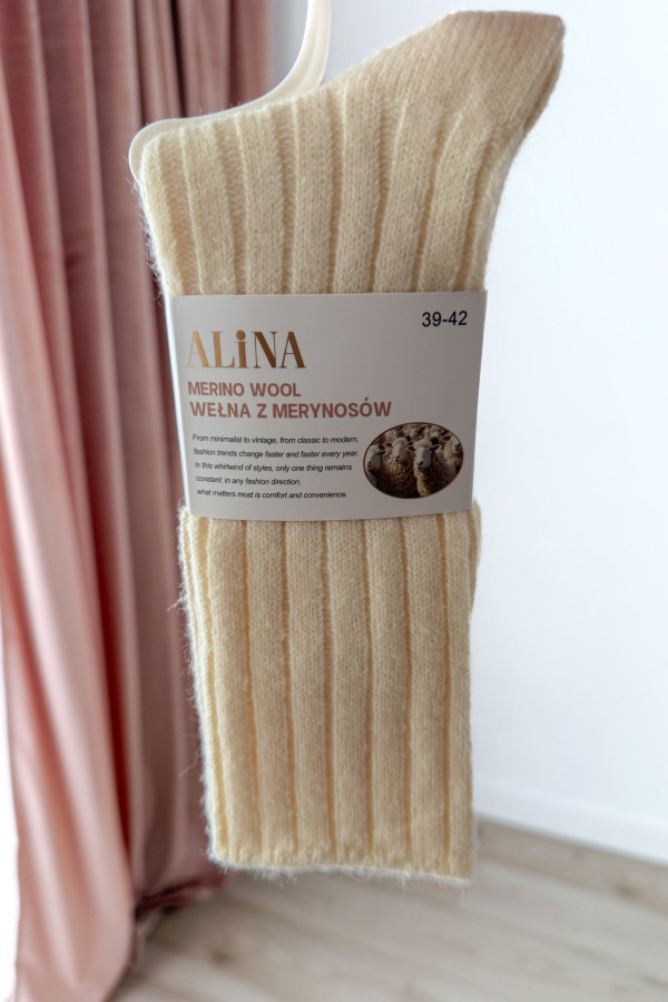 Skarpety w prążki wełna MERINO - ecru