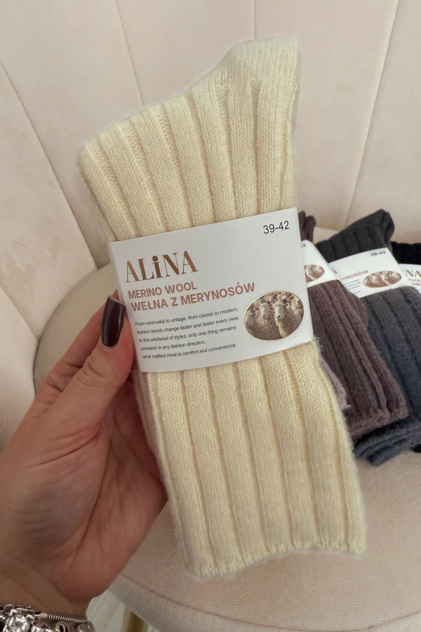 Skarpety w prążki wełna MERINO - ecru 3