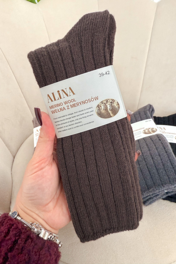 Skarpety w prążki wełna MERINO - czekolada 3