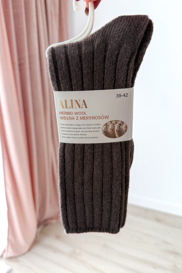 Skarpety w prążki wełna MERINO - czekolada