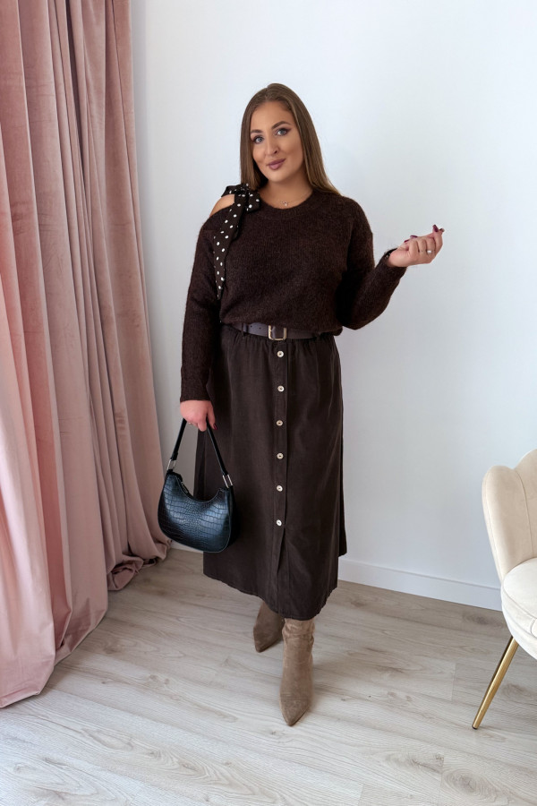 Sweter z wiązaniem na ramieniu Ariande - czekolada 2