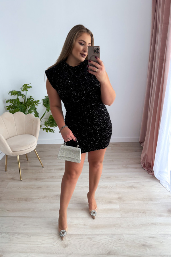 Sukienka z poduszkami na ramionach cekinowa Malli - czarna 1