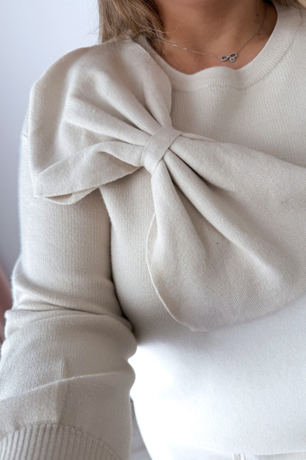 Komplet sweterkowy spodnie z szeroką nogawką+bluzka z kokardką Mina - kremowy 1