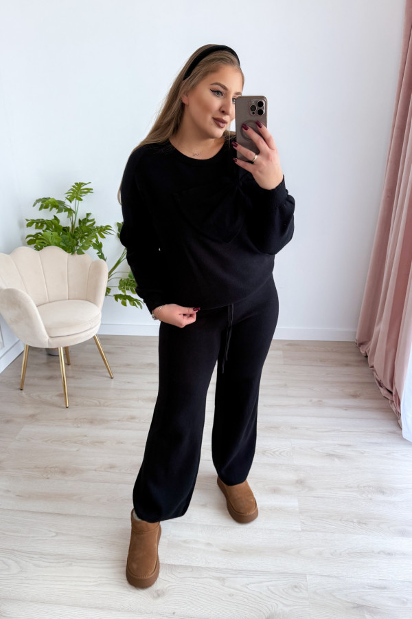 Komplet sweterkowy spodnie z szeroką nogawką+bluzka z kokardką Mina - czarny 1