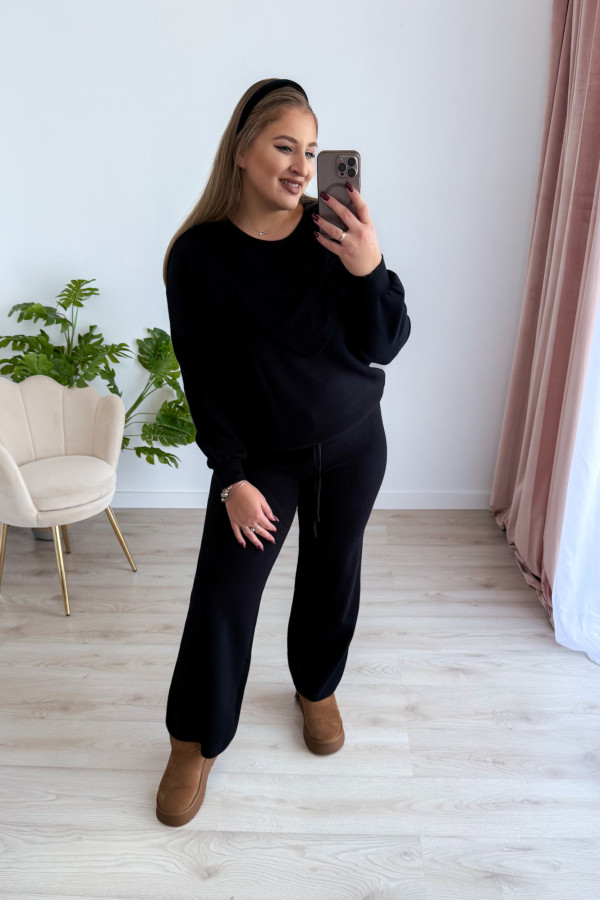 Komplet sweterkowy spodnie z szeroką nogawką+bluzka z kokardką Mina - czarny