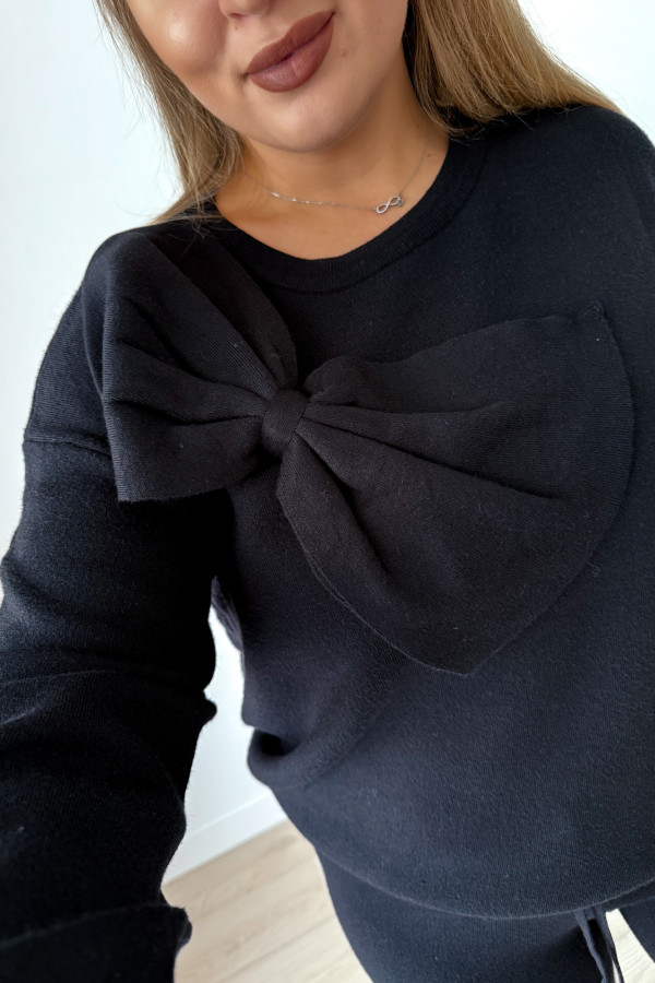 Komplet sweterkowy spodnie z szeroką nogawką+bluzka z kokardką Mina - czarny 3