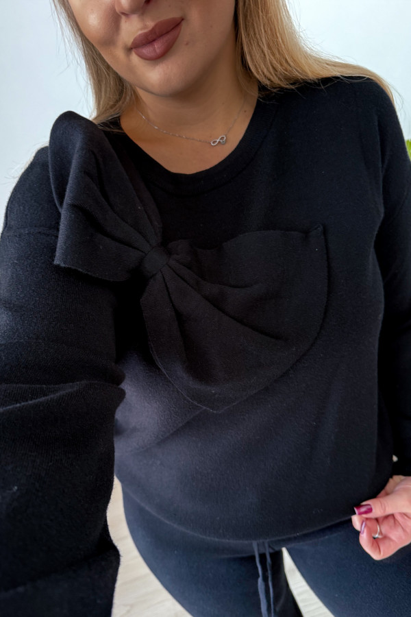 Komplet sweterkowy spodnie z szeroką nogawką+bluzka z kokardką Mina - czarny 4