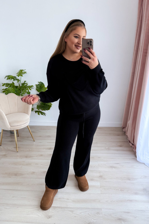 Komplet sweterkowy spodnie z szeroką nogawką+bluzka z kokardką Mina - czarny 5