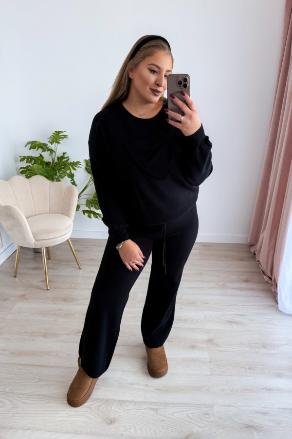 Komplet sweterkowy spodnie z szeroką nogawką+bluzka z kokardką Mina - czarny 6