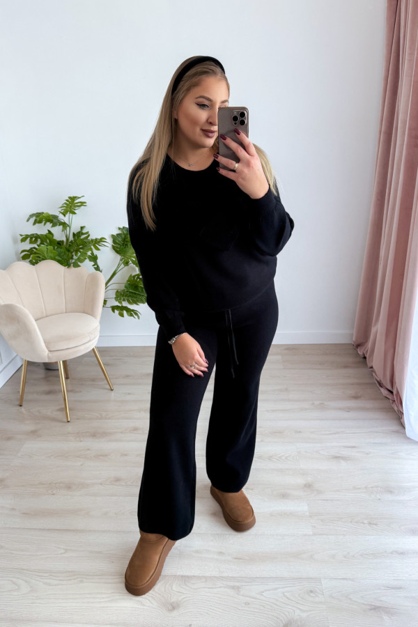 Komplet sweterkowy spodnie z szeroką nogawką+bluzka z kokardką Mina - czarny 7